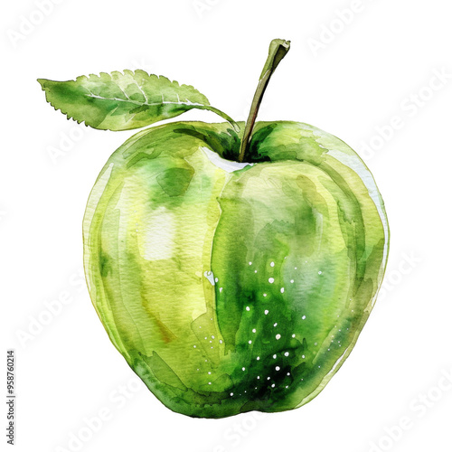 Watercolor painting of a green apple with a leaf.