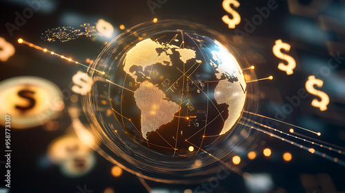 Digital global financial network with currency symbols 