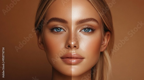 Young woman with and without tan on a beige background, before and after a sunny summer tan, color and tone of facial skin, beauty and foundation concept, solarium effect