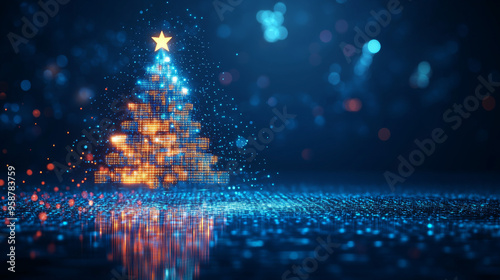 2025 digits, Christmas tree consist glowing pixels in technology style on blue background. New Year card or digital tech calendar poster. Logo of 2025 year hanging over reflection polished surface