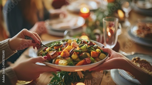 A close-up of hands passing a dish of roasted vegetables across a Thanksgiving table, the table adorned with simple, elegant decor, the soft murmur of conversation in the background