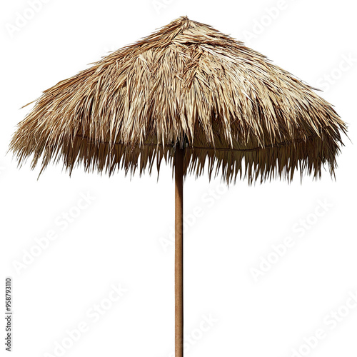 Straw beach umbrella for sun protection, isolated on transparent cutout background