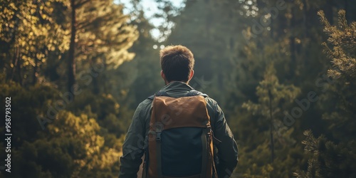 An image capturing a person with a backpack walking alone through a serene and green forest, bathed in natural light.