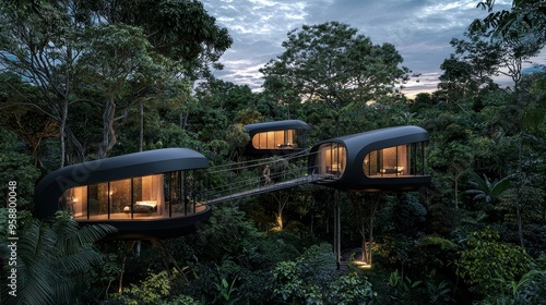 Treehouse pods elevated above the forest floor, melding futuristic design with nature.