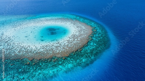 Remote coral atoll in the middle of the ocean, with microplastic particles visible in the shallow waters, emphasizing global pollution