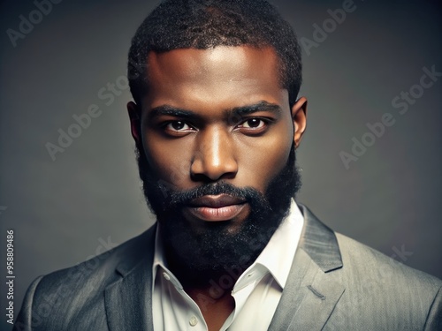 A confident African American man with a well-groomed beard and stylish haircut exudes sophistication and charisma, looking directly at the camera with a strong gaze.