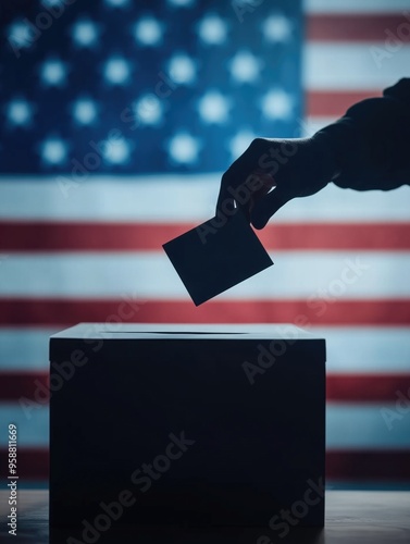 Photo of a national election in the US. Silhouette of a hand drop an envelope in to the ballot box. US flag in the background.