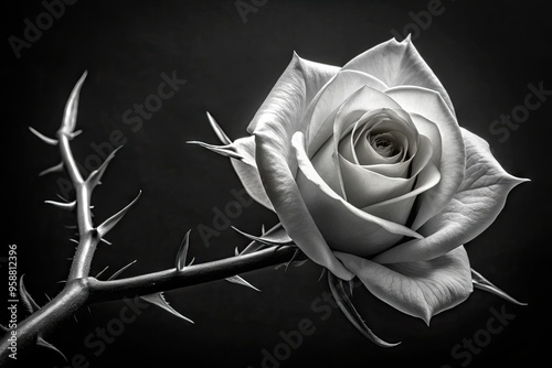 A delicate, velvety rose petal unfurls from a thorny stem, set against a stark black and white background, exuding elegance and subtlety in high-contrast monochrome.