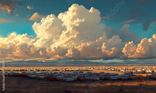 Cars Parked Under a Large Cumulus Cloud in a Desert Landscape