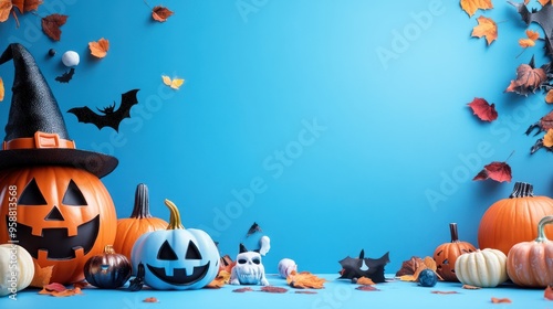 Halloween pumpkins and ghost decorations on blue backdrop