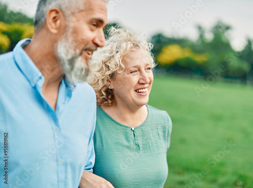 woman portrait mature couple happy together active bonding park outdoor middle aged man talking leisure park fun smiling love old middle mid aged nature wife walking