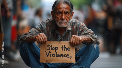 Candid photo of elderly Hispanic man protesting, sitting on ground, holding sign, large protest, solemn expression.