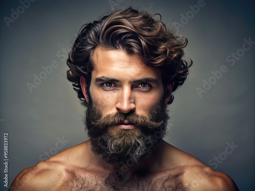 A ruggedly handsome man showcases his thick, curly beard and abundant chest hair, exuding masculinity and confidence against a neutral background.