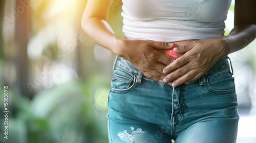 Woman holding her lower abdomen in pain, representing symptoms of ovarian cysts.