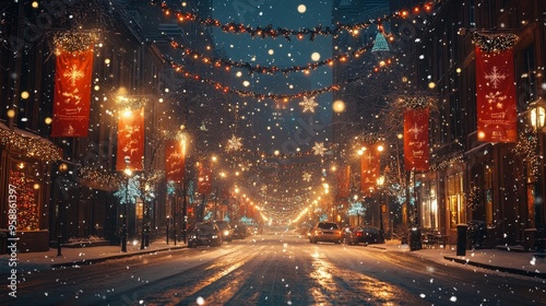 Christmas Eve Snowfall on Main Street: A magical Christmas Eve unfolds as snowflakes dance through a warm glow of Christmas lights, blanketing a charming town in winter wonder.