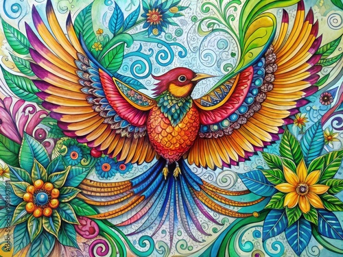 Colorful And Intricate Ink Artwork Featuring A Vibrant Bird With Outstretched Wings And Ornamental Details