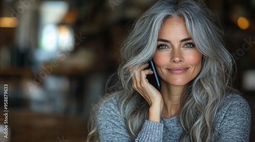 portrait of a beautiful woman with gray hair using speakerphone to make a call