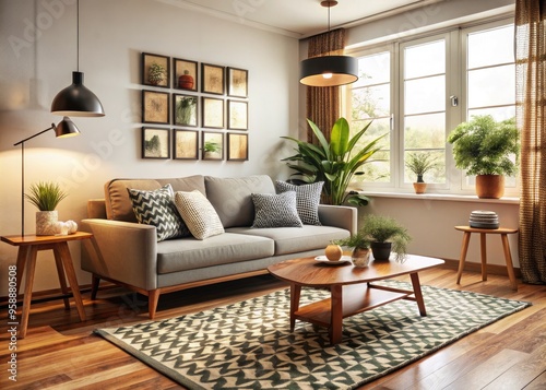 Cozy, retro-inspired small living room featuring a sleek, low-profile sofa, geometric-patterned rug, and minimalist decor amidst plenty of natural light and warm wooden accents.