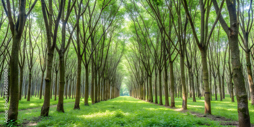 A row of rubber plantation trees that appear to be in order