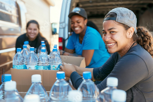 Smiling volunteers organizing water bottles for community service