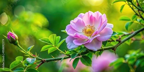 Delicate pink petals unfold from a thorny stem, surrounded by lush green foliage and soft focus background, capturing the essence of a wild rose in bloom.