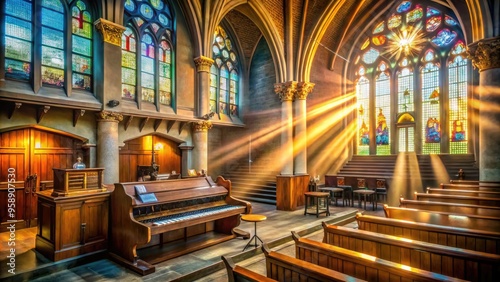 Ethereal light pours through stained-glass windows as a traditional pipe organ and pews filled with hymnals create a serene atmosphere for musical worship and devotion.