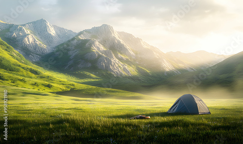 A single tent in a grassy field with a mountain range in the background.