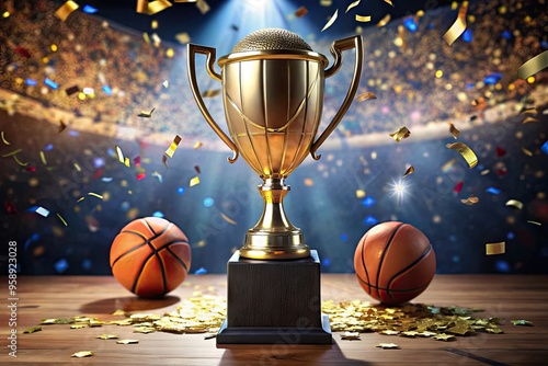 Golden trophy cup with ornate handles and a large basketball at the top sits atop a pedestal, surrounded by confetti and celebrating team's colors.