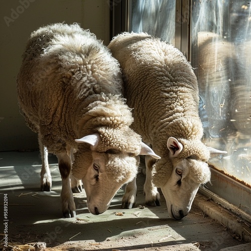 Two rams grazing and standing under a window a serene pastoral scene.