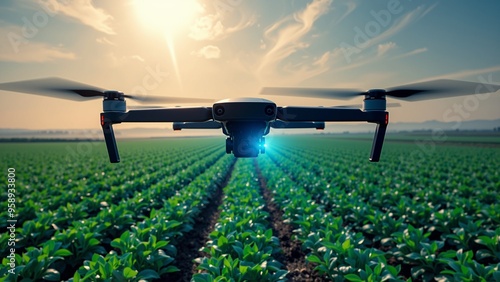 Drone Surveying Agricultural Fields, A drone equipped with a camera surveys a vast field of vibrant green crops under bright sunlight. The drone's sleek design and precise positioning.