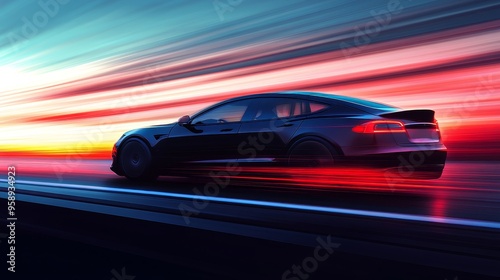 A sleek black car speeding along a vibrant, blurred landscape at sunset.