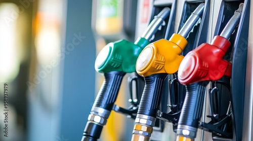 A close-up of fuel nozzles in green, yellow, and red at a gas station, ready for refueling vehicles.