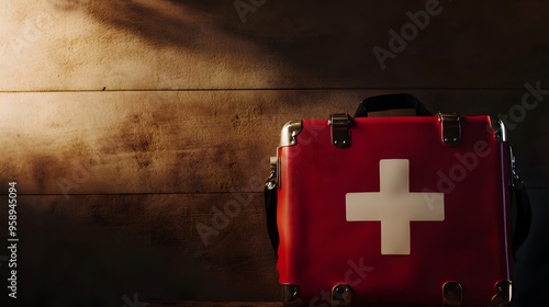 Red first aid kit with a white cross on a wooden background.