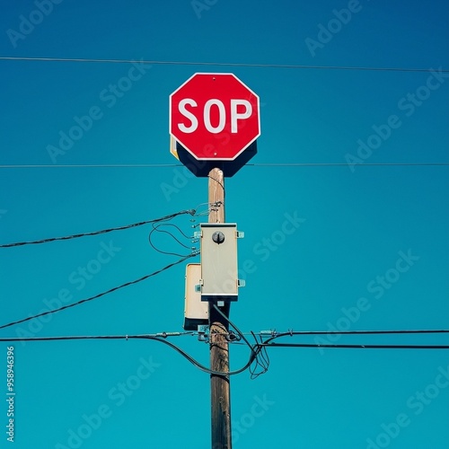 Two stop signs adjacent to white wires highlighting road safety and electrical infrastructure.