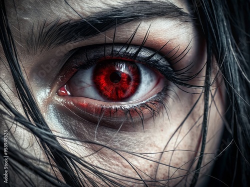 A haunting close-up of a bloodshot eye with eerie shadows, surrounded by dark tones and wispy strands of