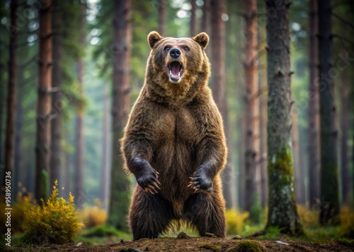 A massive, snarling brown bear with razor-sharp claws and teeth, standing upright on hind legs, eyes blazing with