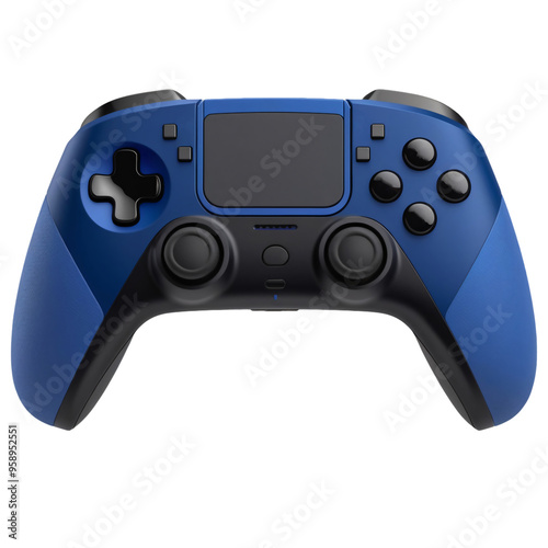 Modern ergonomic gaming controller in black and blue with analog sticks, D-pad, touchpad, and matte finish for non-slip grip, sleek design, generative ai