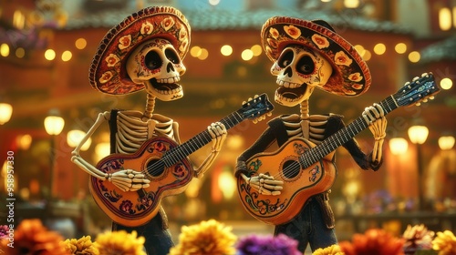 Mariachi skeletons playing guitars at a lively Day of the Dead celebration.