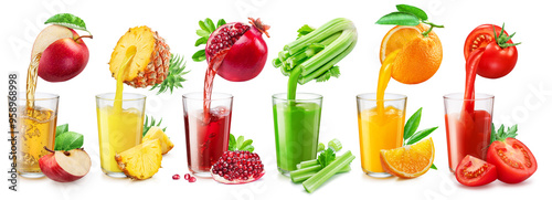 Set of fruit juice glasses and fresh juice pouring from fruits into the glasses.