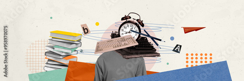 Trend artwork composite sketch photo collage of man portrait headless overloaded clock deadline typewriter machine pile book workspace