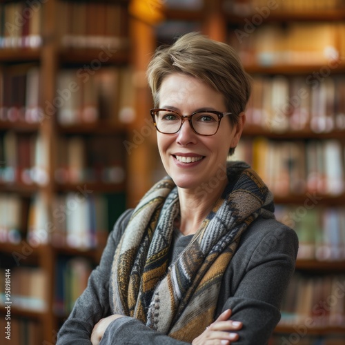 Confident librarian stands in a library surrounded by bookshelves, wearing a gray jacket and patterned scarf. She looks directly at the camera with glasses on, conveying professionalism and expertise.