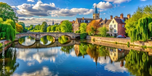 Serene landscape of the River Ouse flowing gently through the scenic town of Bedford, lined with lush greenery and historic bridges on a sunny day.