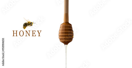 honey dripping from a honey dipper. honey dripping from honey stick , honey with bee. white background. 