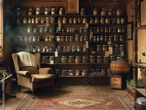 A nostalgic photograph of a healer cozy, home-based clinic, with shelves lined with jars of herbs, a comfortable chair, and warm, inviting lighting