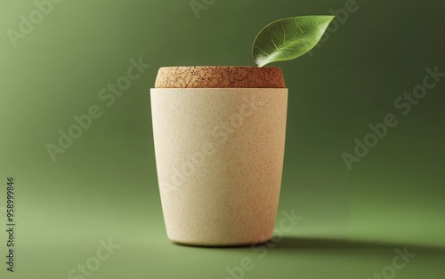 Eco-friendly cup with a cork lid and leaf-shaped handle showcasing detailed textures and earthy colors in a minimalist setting