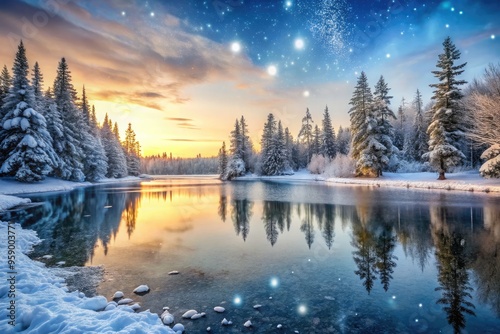 Snowflakes gently fall upon a serene frozen lake, surrounded by bare trees and evergreen pines, in a tranquil winter wonderland landscape at dawn.