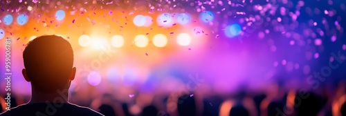 Festive confetti raining down from above onto the singers on stage, amidst a boisterous audience enjoying a performance