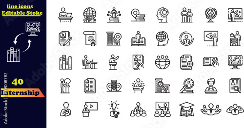 Internship Editable Stroke Icon Concept. This set includes icons for goals, skills, knowledge, mentoring, jobs, profiles, people, practice, opportunities, and training. Features editable outline icons