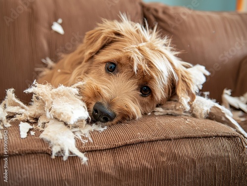 A guilty-looking dog with brown fur lies on a couch surrounded by torn fabric.