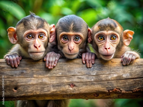 Three mischievous monkeys, each with distinct personalities, cling to a rustic wooden beam, their curious eyes and antics capturing a playful, whimsical jungle atmosphere.